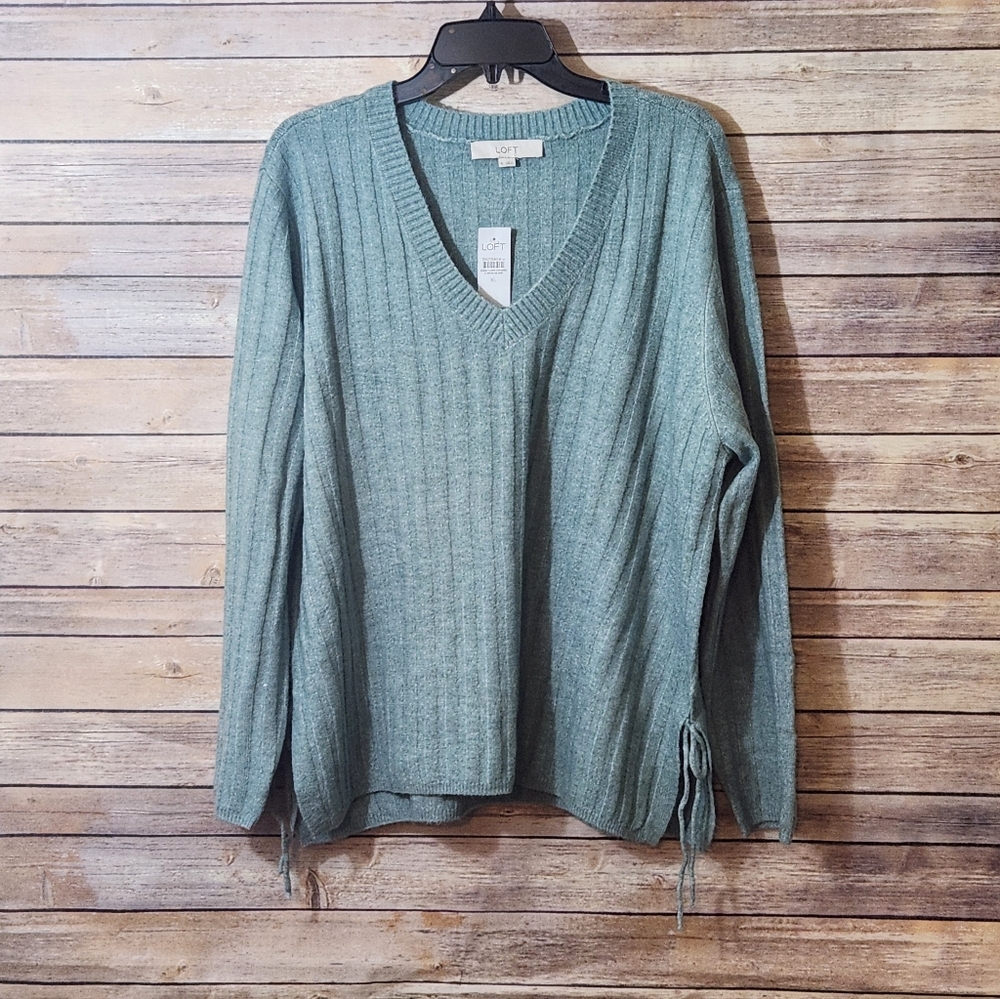 Dusty Green/Blue V-Neck Sweater with Tie Details